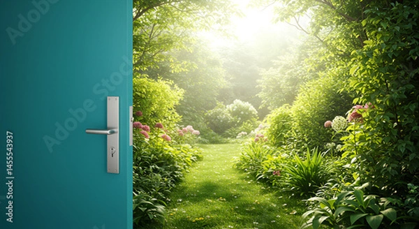 Obraz Teal Door with Metal Handle Opening to Lush Green Garden,elegant, rustic, old, aged, weathered, photo, image, photo