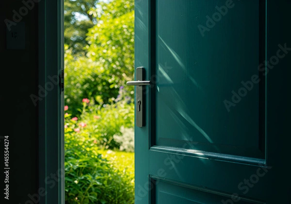 Obraz Teal Door with Metal Handle Opening to Lush Green Garden,elegant, rustic, old, aged, weathered, photo, image, photo