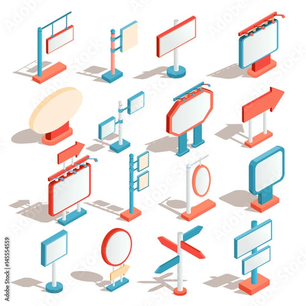 Fototapeta Zestaw ilustracji wektorowych izometrycznych, ikony billboardów, banery reklamowe, znaki drogowe, znaki kierunkowe