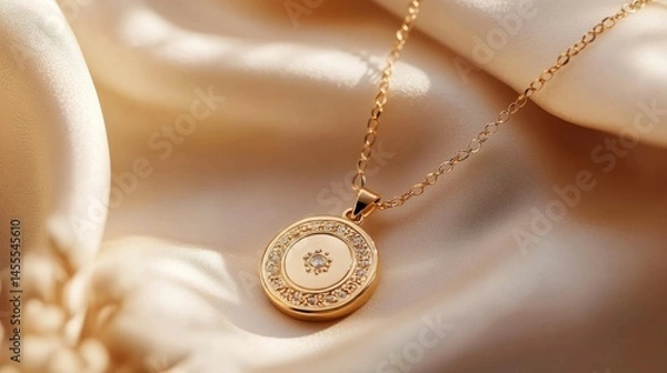 Fototapeta A gold pendant displayed on a delicate gold chain, resting gently on a soft surface, with the light highlighting its refined details and gleaming finish.