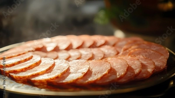 Fototapeta Slices of cooked meat arranged on a metal platter.