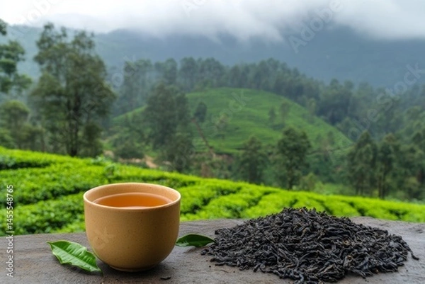Fototapeta Photo of A cup of hot tea with dried and fresh tea leaves placed next to it, with a tea plantation in the background  , Generative AI