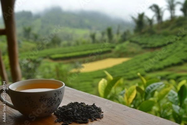 Fototapeta Photo of A cup of hot tea with dried and fresh tea leaves placed next to it, with a tea plantation in the background  , Generative AI