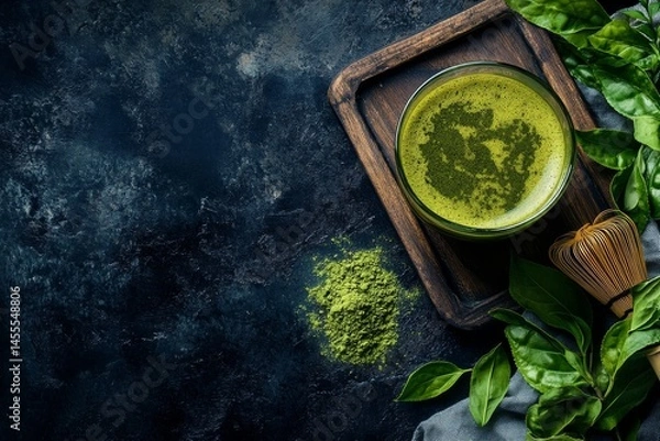 Fototapeta Photo of Green tea in tea cups, a teapot and dried green tea leaves are placed next to it , Generative AI