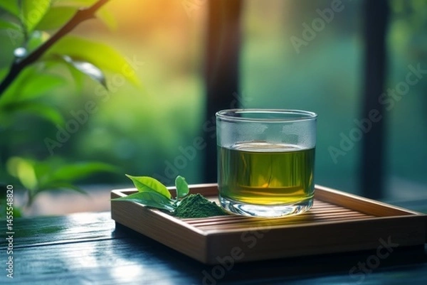 Fototapeta Photo of A cup of hot tea with dried and fresh tea leaves placed next to it, with a tea plantation in the background  , Generative AI