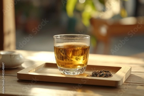 Fototapeta Photo of A cup of hot tea with dried and fresh tea leaves placed next to it, with a tea plantation in the background  , Generative AI