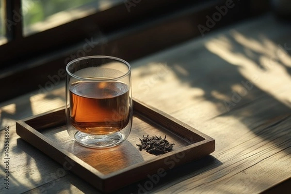 Fototapeta Photo of A cup of hot tea with dried and fresh tea leaves placed next to it, with a tea plantation in the background  , Generative AI