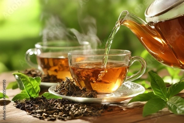 Fototapeta Photo of A kettle is pouring hot water into teacups, with dried and fresh tea leaves next to it , Generative AI