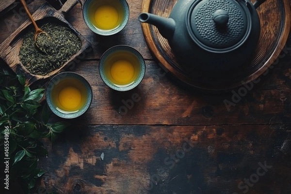 Fototapeta Photo of Green tea in tea cups, a teapot and dried green tea leaves are placed next to it , Generative AI