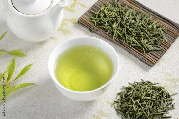 Fototapeta Photo of Green tea in a white cup, a white teapot and dried green tea leaves are placed beside it , Generative AI