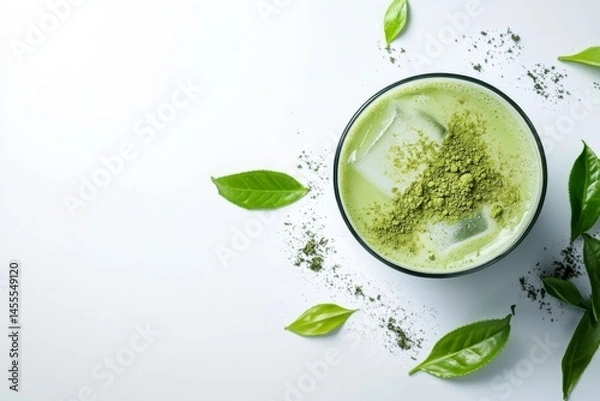 Fototapeta Photo of A glass of  green tea with  green tea powder and tea leaves placed next to it on white background , Generative AI