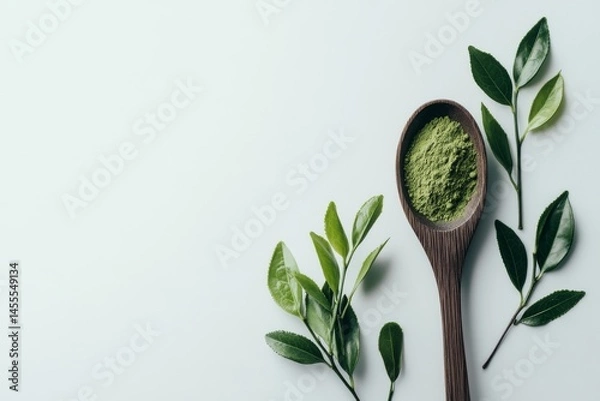 Fototapeta Photo of green tea powder on a wooden spoon and tea leaves placed next to it on white background , Generative AI