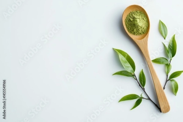 Fototapeta Photo of green tea powder on a wooden spoon and tea leaves placed next to it on white background , Generative AI