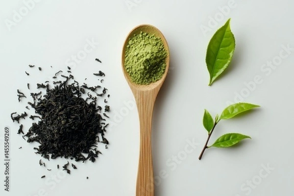 Fototapeta Photo of green tea powder on a wooden spoon and tea leaves placed next to it on white background , Generative AI