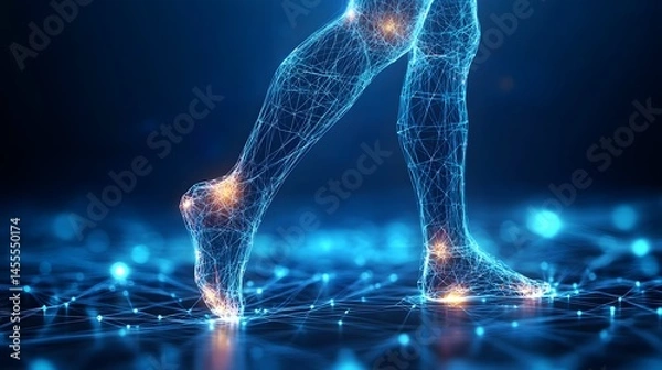 Fototapeta Digital legs stride in a futuristic realm. High-tech biomechanics meet sleek design, highlighting movement and energy. Abstract Digital low-poly wireframe connected dots in dark blue