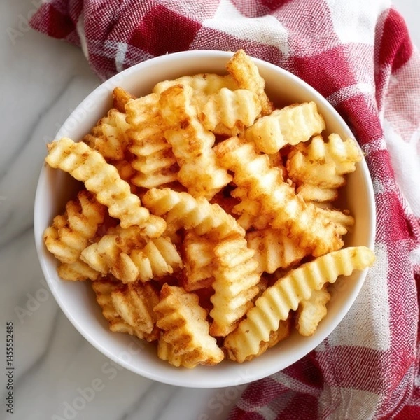 Obraz Overhead view of crinkle cut fries in a white bowl with red and white checkered cloth on marble