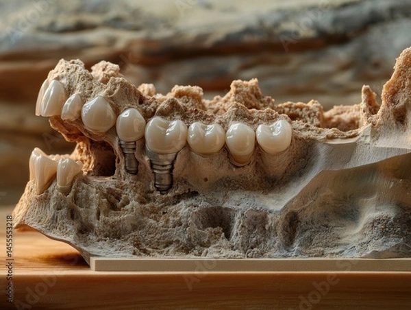 Obraz Dental implant model showing teeth and jaw bone structure for medical education purposes
