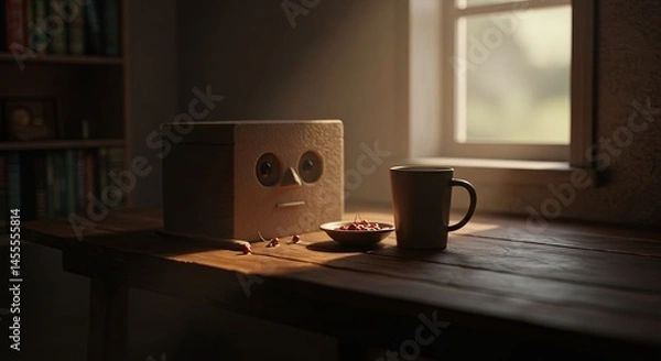 Fototapeta A robot is sitting on a table with a cup of coffee and a bowl of food