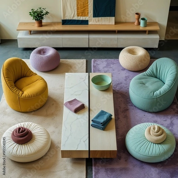 Fototapeta Generative AI, Colorful boucle lounge with modern sculptural seating and layered textures