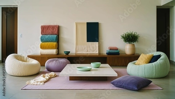 Fototapeta Generative AI, Colorful boucle lounge with modern sculptural seating and layered textures