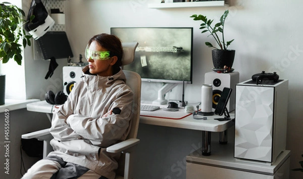 Fototapeta Close-up of woman activating futuristic glasses with glowing green visor. Augmented interface, cyberwear style and visual concentration captured in intimate frame