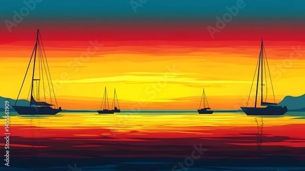 Obraz Several sailboats at sea are under a colorful sunset sky