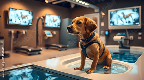 Obraz A modern pet rehabilitation center with hydrotherapy tanks, robotic limb support, and smart monitors. The composition emphasizes advanced technology, Generative Ai