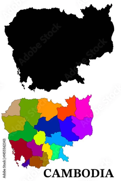 Obraz A silhouette of Cambodia map alongside a multicolored regional division map representing its geographic regions