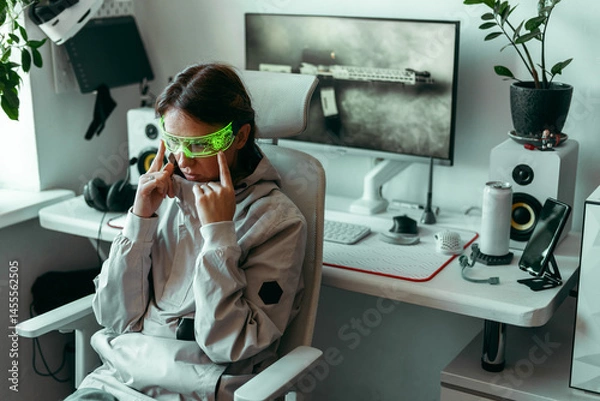 Fototapeta Woman in futuristic visor gazes into screen in modern cyber room. Aesthetic balance between fashion, smart tech and immersive digital environment with augmented interface