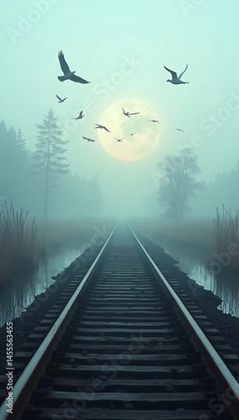Fototapeta Train Tracks Splitting in a Foggy Marshland at Dawn, with Birds Flying Overhead