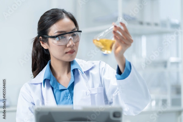 Fototapeta Asian Researcher using a microscope in the clinical lab.Female Researcher working in the clinical laboratory,Medical or scientific researcher or Asian woman doctor looking at professional microscope.