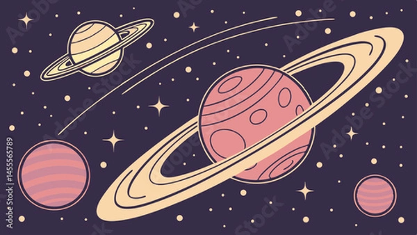 Fototapeta Stylized planets and rings in space retro design