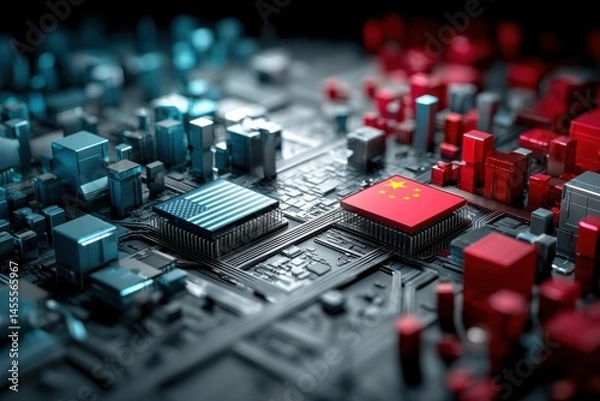 Obraz Clash of Technology Powers in a Futuristic Digital Battlefield Representing US and China Semiconductor Rivalry Generative AI
