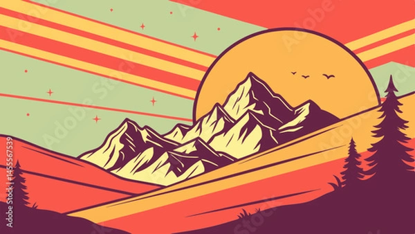 Fototapeta Retro sunset mountain scene with pine trees and bold colors