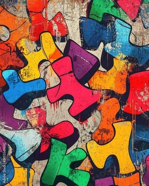 Fototapeta Vibrant Abstract Puzzle Piece Graffiti Art on Distressed Wall Surface with Bold Colors