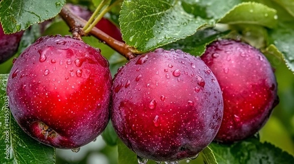 Obraz Fresh, ripe apples on a branch, glistening with raindrops. Lush green leaves surround the fruit