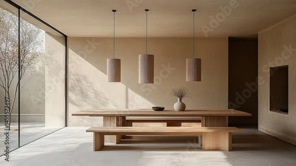 Fototapeta A minimalist dining room with a long wooden table and hanging pendant lights