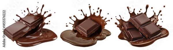 Obraz chocolate splash: dark chocolate pieces with liquid splash on white background