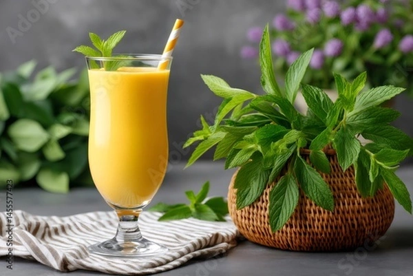Fototapeta Refreshing mango lassi decorated with mint leaves next to wicker basket full of mint