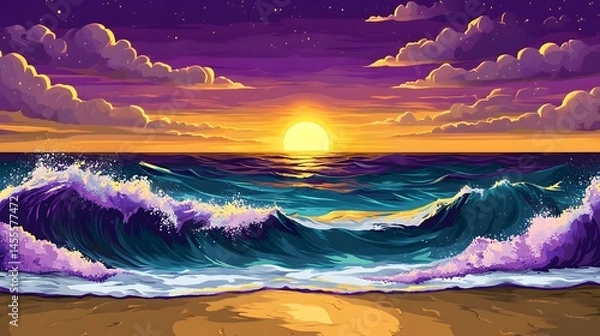 Obraz A Vibrant Sunset Over Ocean Waves Rolling Towards Sandy Beach