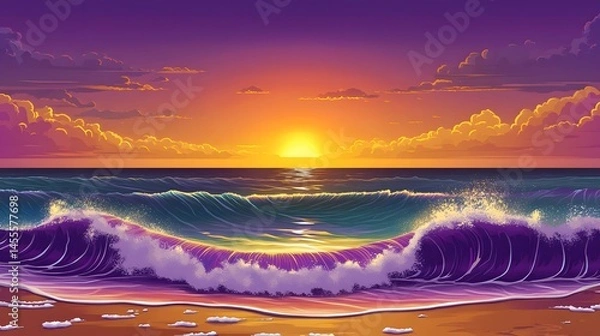 Obraz Beautiful ocean waves roll under a vibrant colorful sunset sky