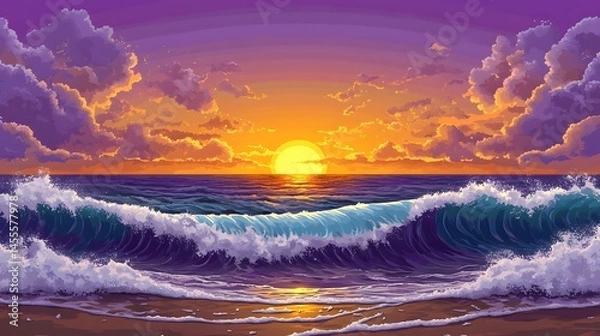 Obraz Beautiful sunset painting featuring ocean waves under a colorful sky