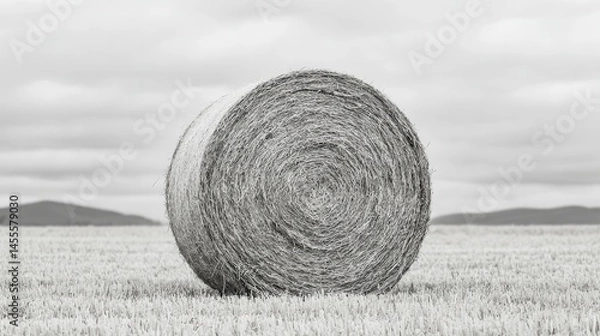 Obraz Round Straw Bale Surrounded by Open Field under Gray Sky