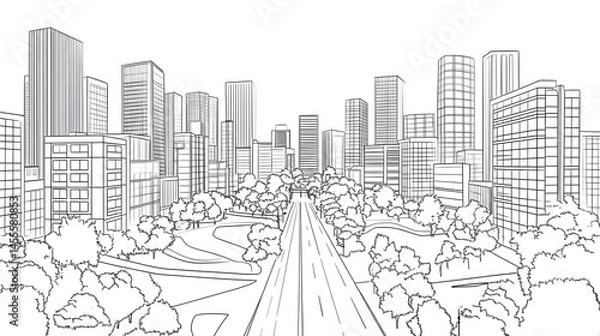 Obraz Detailed black and white drawing of a large cityscape scene