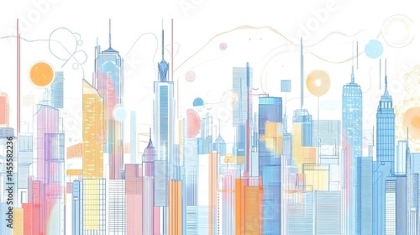 Obraz An abstract line drawing of a colorful city skyline