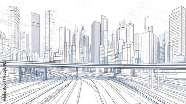 Obraz Architectural drawing depicts a city skyline with elevated highway structures