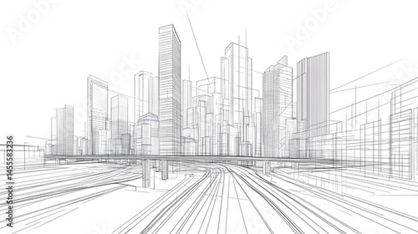 Obraz Perspective drawing of modern city buildings and highway infrastructure