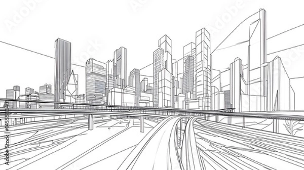 Obraz Abstract architectural drawing illustrating a modern urban cityscape with roadways