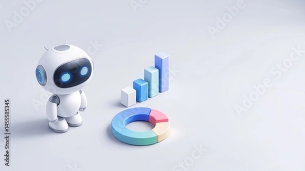 Fototapeta Cute Robot with Bar and Pie Charts – 3D Illustration Concept