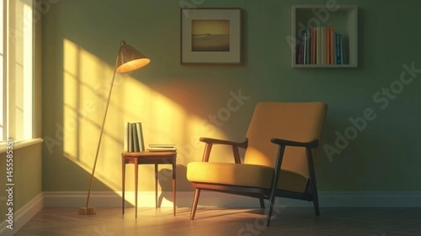 Obraz Contemporary living room corner with an armchair, floor lamp, and side table with books, soft natural lighting 